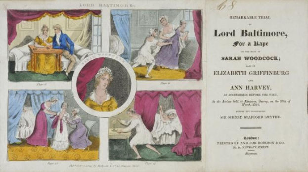Eine historische Illustration, die eine Gerichtsszene mit einem Papier zeigt, auf dem Porträts, Vorhänge und Text zum Prozess gegen Lord Baltimore für eine Vergewaltigung von Sarah Woodcock und Elizabeth Griffinburg zu sehen sind.