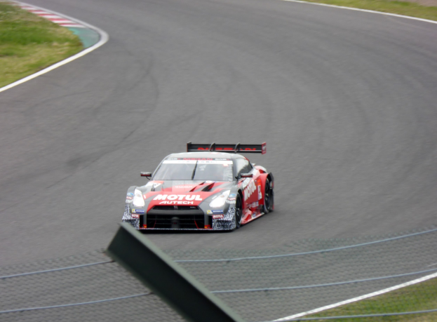 Nissan GT-R Nismo GT3 Rennauto auf der Nürburgring 24 Stunden Strecke, umgeben von grünem Gras.