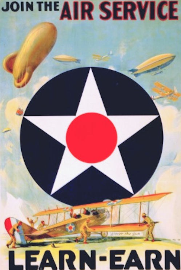 Plakat mit dem Text "Beitreten Sie den Luftdienst - Lernen-Verdienen" und Bilder von Flugzeugen und Menschen im Hintergrund.
