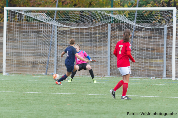 Gruppe von Frauen, die Fußball auf einem Rasenfeld mit Bäumen im Hintergrund und einem Torpfosten spielen.