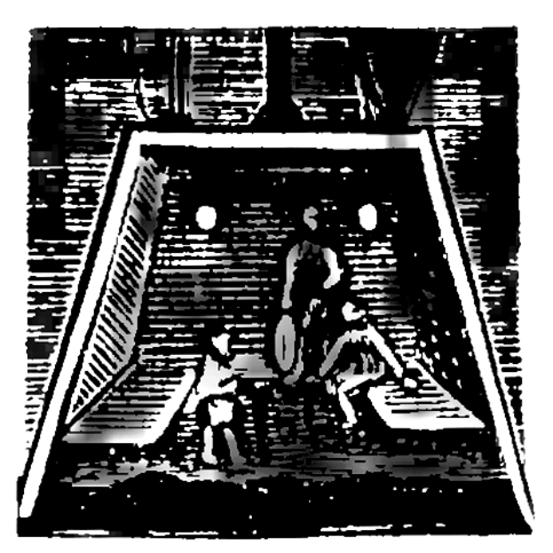 Eine Schwarz-Weiß-Zeichnung eines Fußballspiels im Gange, die zwei Spieler in Uniformen zeigt, mit einem Torpfosten in der Ecke.