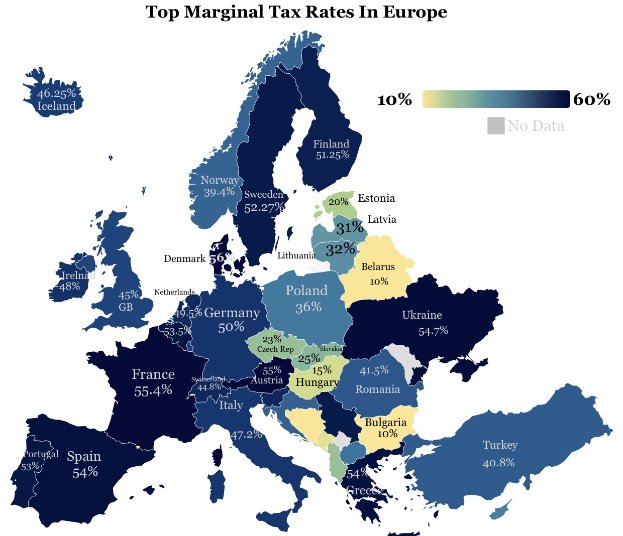 Eine Europakarte mit Farben, die die höchsten Grenzsteuersätze pro Land anzeigen, mit der Überschrift "Höchste Grenzsteuersätze in Europa."