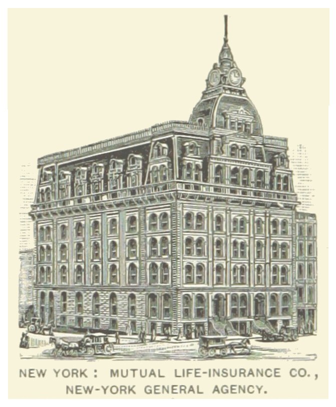 Plakat für die New York Mutual Life Insurance Co., New York General Agency, das ein zentrales Gebäude zeigt, umgeben von Menschen und Fahrzeugen, mit Text am unteren Rand.