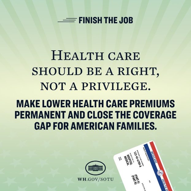 Plakat mit dem Text "Beenden Sie die Arbeit: Gesundheit sollte ein Recht sein, nicht ein Privileg" und einer Karte mit der Aufschrift "Machen Sie niedrigere Gesundheitsprömien permanent und schließen Sie die Lücke im Gesundheitsversorgung für amerikanische Familien."