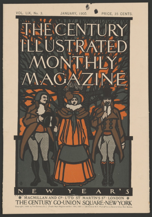 Schwarzer Plakat für 'The Century Illustrated Monthly Magazine, Januar 1900' mit einem dekorativen Rahmen, das mehrere Personen in historischer Kleidung zeigt, einige mit Hüten und Capes.